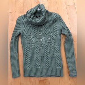 Talbots Chunky Cable Knit Sage Green embellished Sweater in EUC size PETITE P